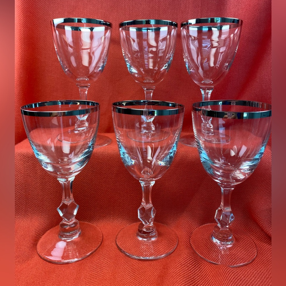 Vintage 1960’s Set of 6 Wine Glasses with Real SILVER Rim